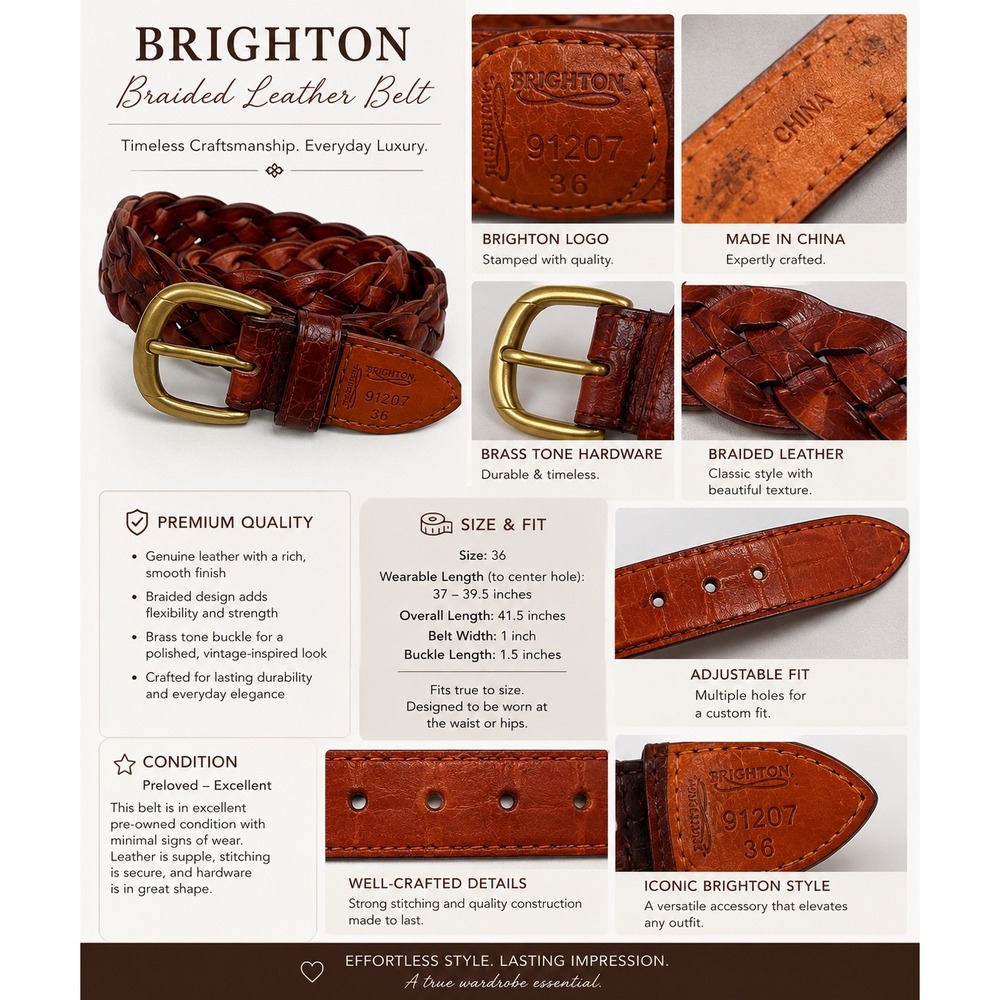 Brighton Braided Leather Belt Women Size 36 Brown Croc Embossed Boho Western - Picture 7 of 10